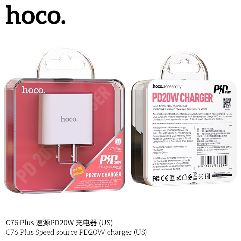 Cóc sạc nhanh 20w Hoco C76 Plus PD 1 cổng type c cho iPhone 11 12 13 Pro Max chính hãng [BH 1 năm]