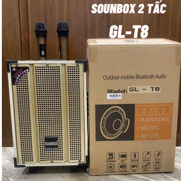 Loa kéo 2 tấc SoundBox GL-T8 bluetooth karaoke 2 micro không dây siêu hay [BH 1 năm]