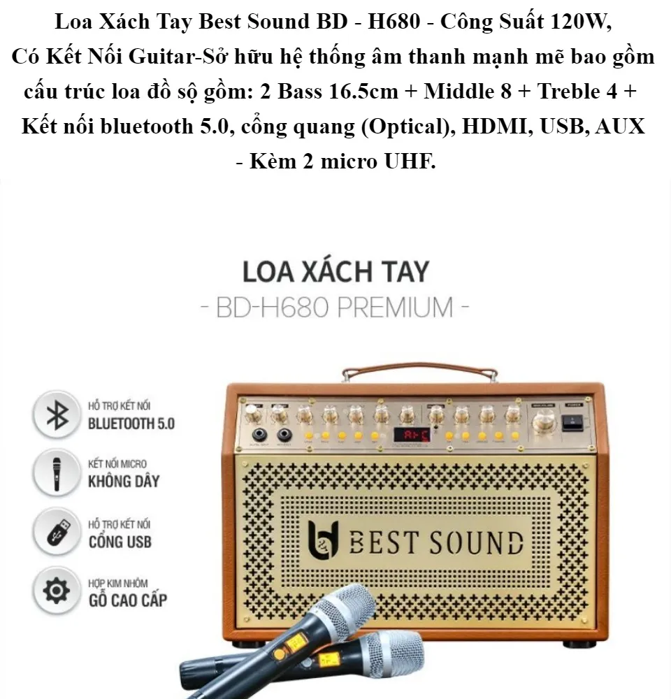 Loa bluetooth karaoke xách tay BD-H680 Premium 120w 2 micro không dây siêu hay 43 x 21 x 24.5cm [BH 1 năm]