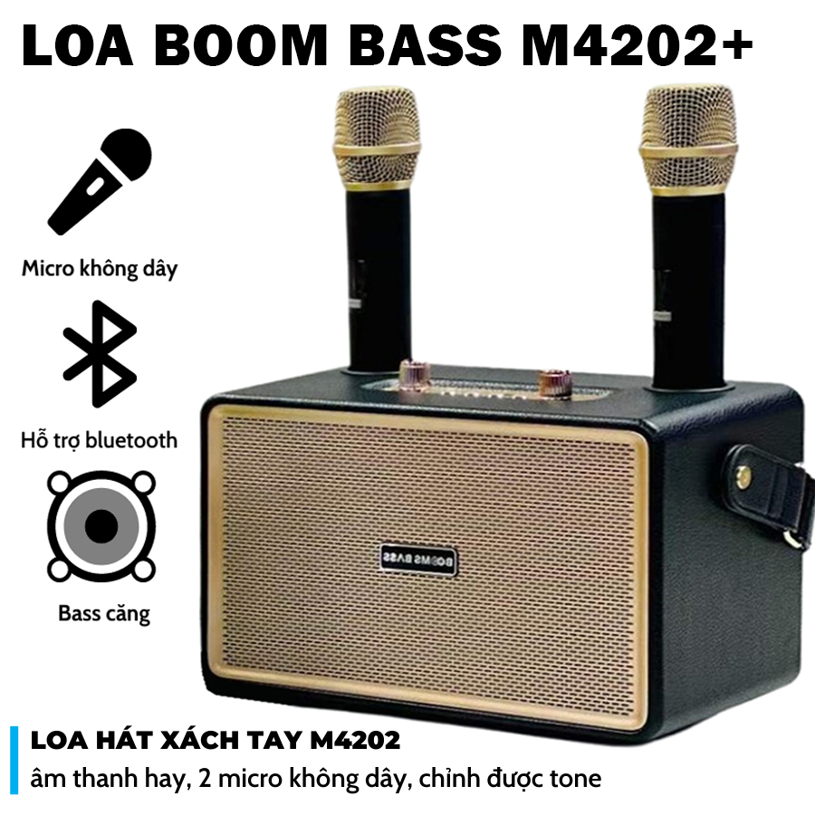 Loa bluetooth Boom Bass M4202+ kèm 2 micro không dây hát karaoke xách tay [BH 6 tháng]