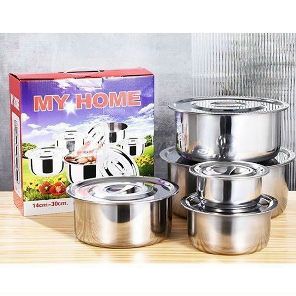 Nồi inox bộ 5 cái không tay cầm có nắp đậy My Home size tiện lợi size 16-18-20-22-24 cm [BH: NONE]