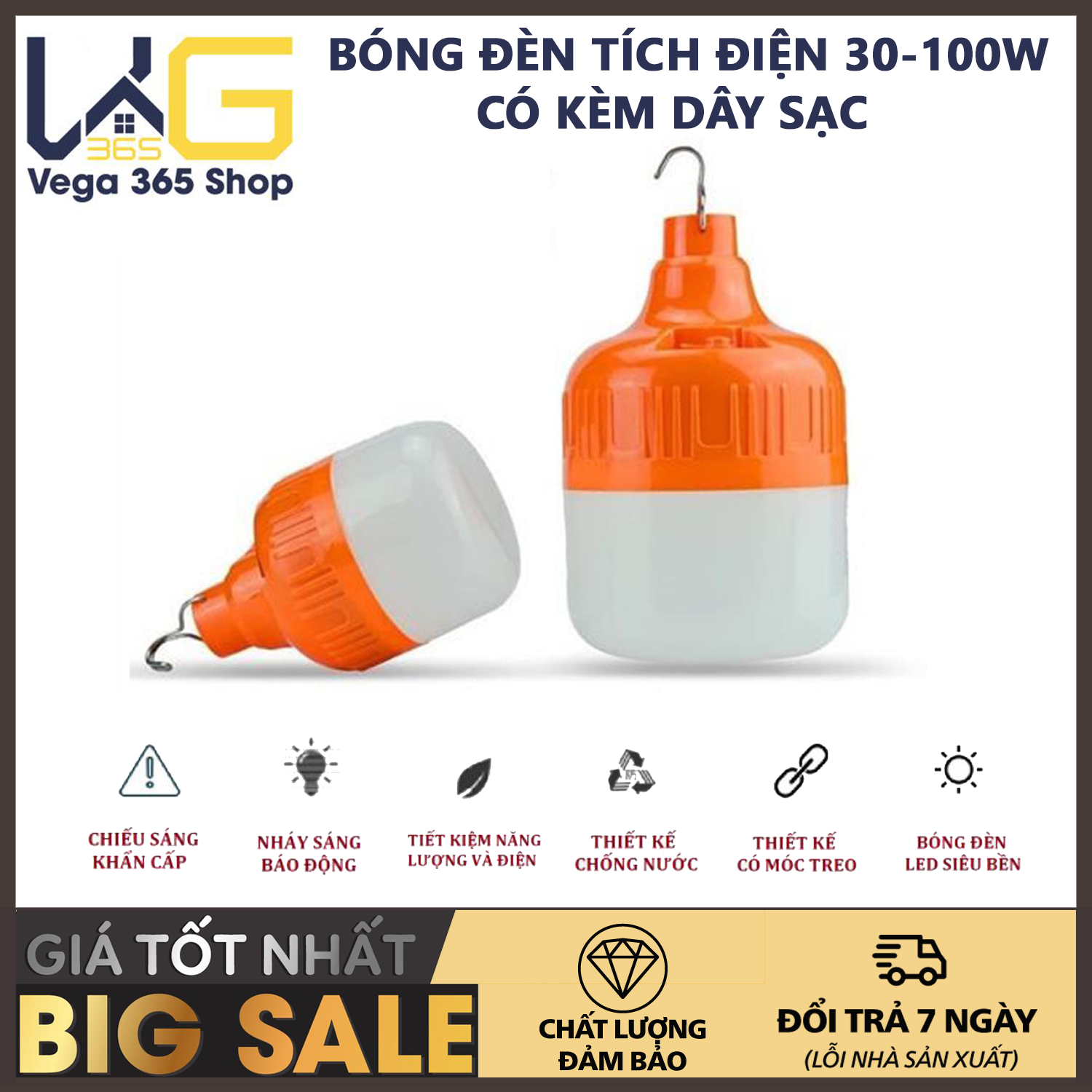 Bóng đèn led bulb tích điện 100W ***LOẠI 1 SIÊU SÁNG*** không dây, Có Móc treo tiện lợi [BH 3 tháng]