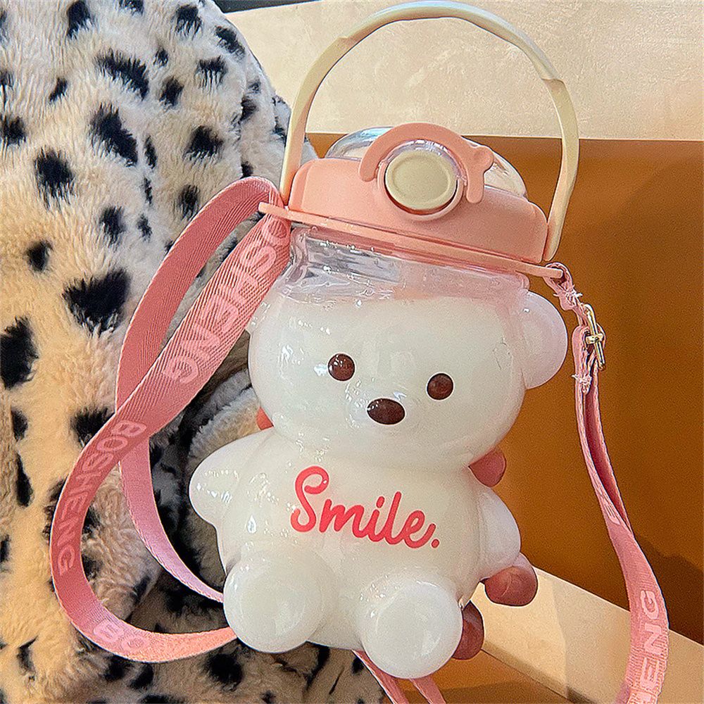 Bình đựng nước 1.1L (lít) HÌNH GẤU SMILE CÓ QUAI XÁCH kèm ống hút và sticker nhiều hình có dây đeo siêu kute cho bé đi học