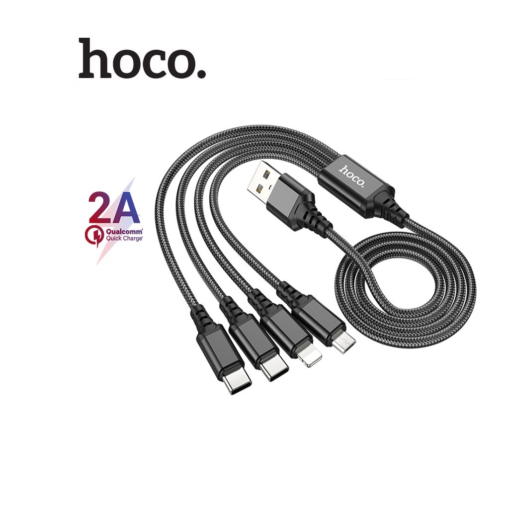 Cáp sạc nhanh 2A Hoco X76 4 đầu 4in1  2c (2 type c+ 1 micro+ 1 lightning) 4in1 dây dù chính hãng đa năng [BH 1 năm]