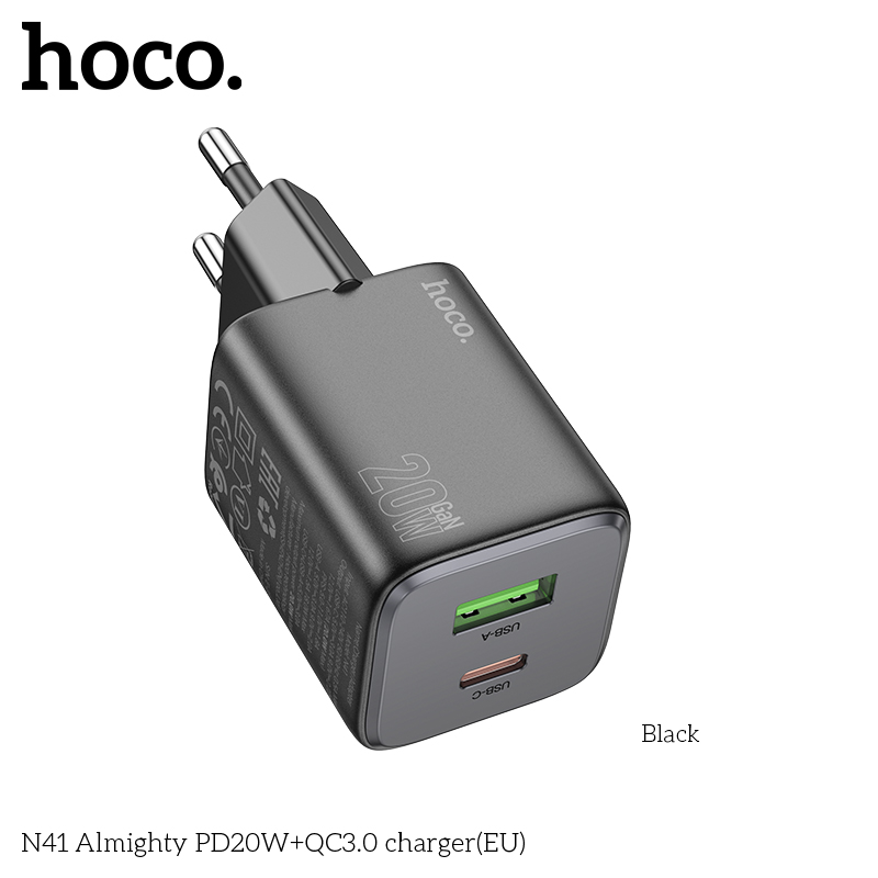 Cóc sạc nhanh 20w HOCO N41 - PD20w + QC3.0 2 cổng (1 cổng usb 1 cổng type C) chính hãng [BH 1 Năm]