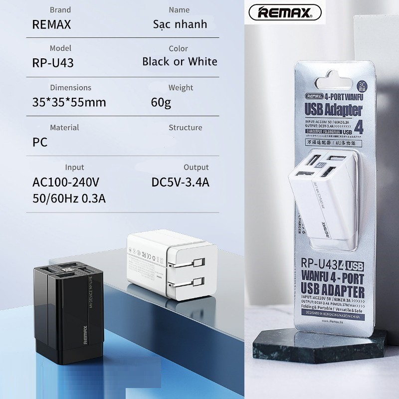 Cóc sạc nhanh 4 cổng usb Remax RP-U43 chính hãng 3.4A [BH 1 năm]