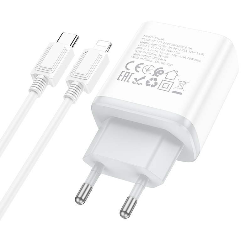 Bộ sạc nhanh 20w Hoco C105A (c-l) (cóc 1 cổng usb QC3.0 vs 1 cổng type-c PD) (cáp type c ra iphone lightning) chính hãng [BH 1 năm]