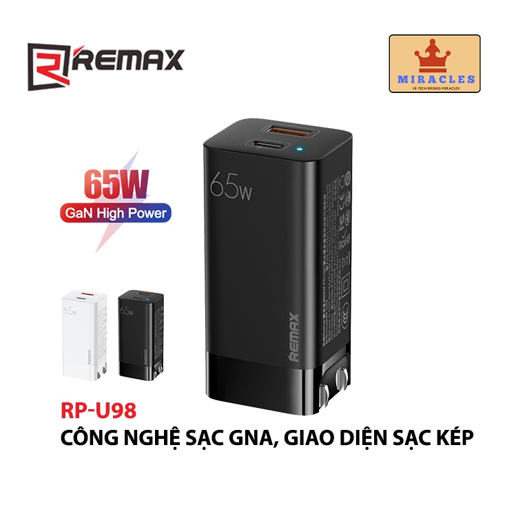 Cóc sạc nhanh 65w REMAX RP-U98 (cóc 1 cổng usb QC3.0 18w vs 1 cổng type c PD 20w cho iPhone 11 12 13 chính hãng) [BH 1 năm]