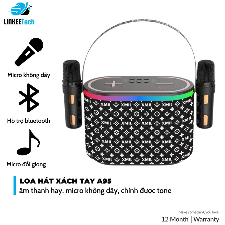 Loa bluetooth karaoke A95 tặng kèm 2 micro không dây có đèn led siêu hay [BH: 3 Tháng]