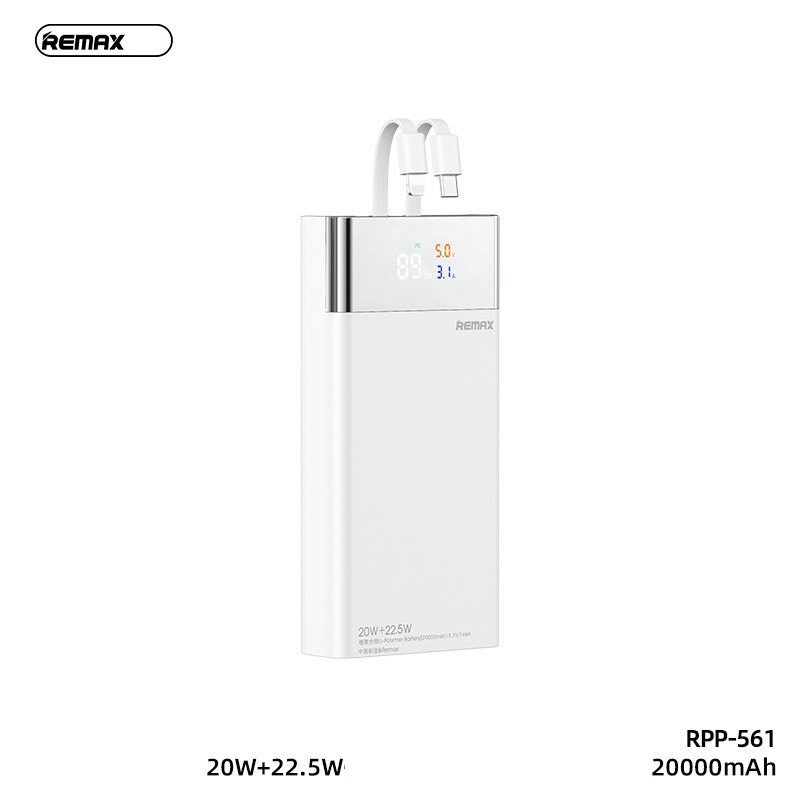 Pin sạc nhanh VOOC 22.5w REMAX RPP-561 20.000mAh (cổng Type-C chỉ IN) PD QC3.0 sạc dự phòng kèm cáp liền pin chính hãng [BH 1 năm]