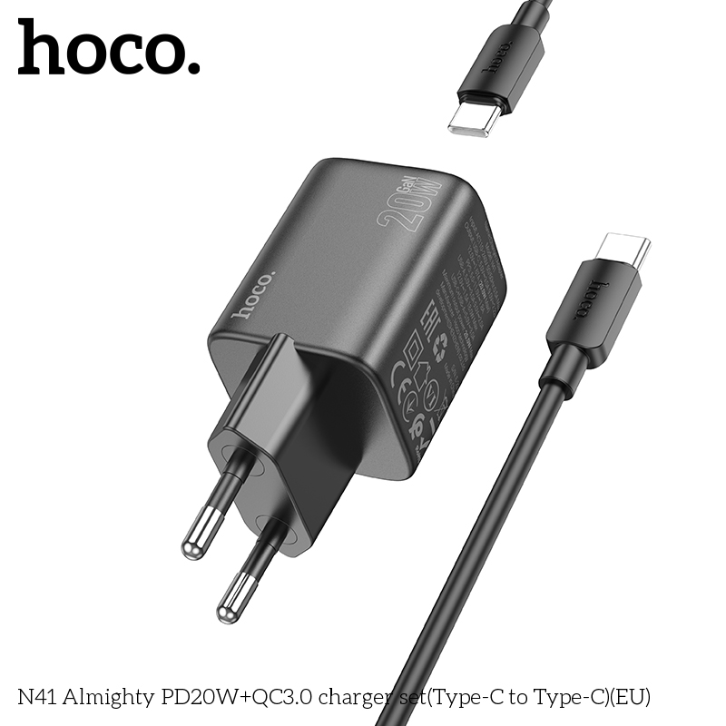 Bộ sạc nhanh 20w HOCO N41 (c-c) (cáp 2 đầu Type C) PD20w + QC3.0 2 cổng (1 cổng usb 1 cổng type C) chính hãng [BH 1 Năm]