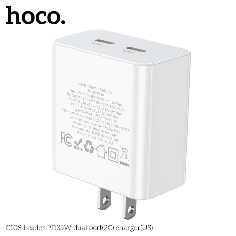 Cóc sạc nhanh PD35w Hoco C108 2 cổng Type C (US) chính hãng [BH 1 năm]