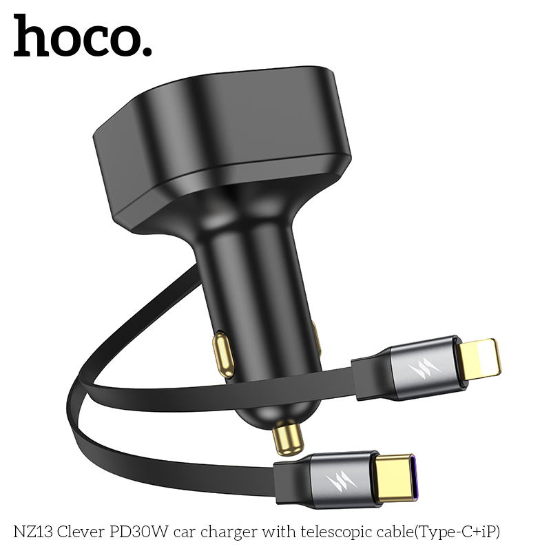 Bộ sạc nhanh xe hơi PD30W Hoco NZ13 kèm 2 cáp LED Type C và iPhone dạng ống lồng chính hãng [BH 1 năm]