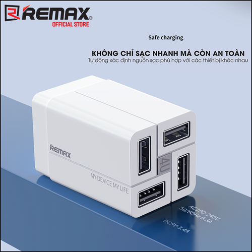 Cóc sạc nhanh 4 cổng usb Remax RP-U43 chính hãng 3.4A [BH 1 năm]