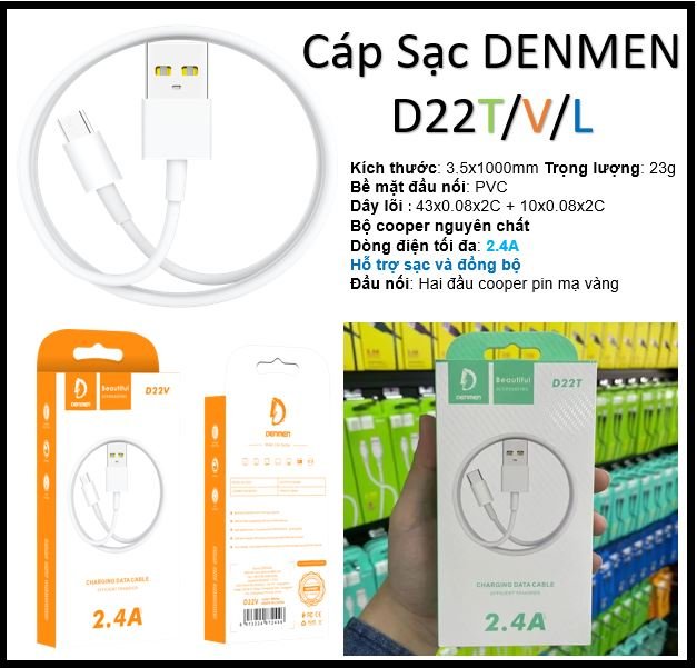 Cáp sạc iPhone Denmen D22L chính hãng {usb ra iphone lightning} [BH 6 tháng]