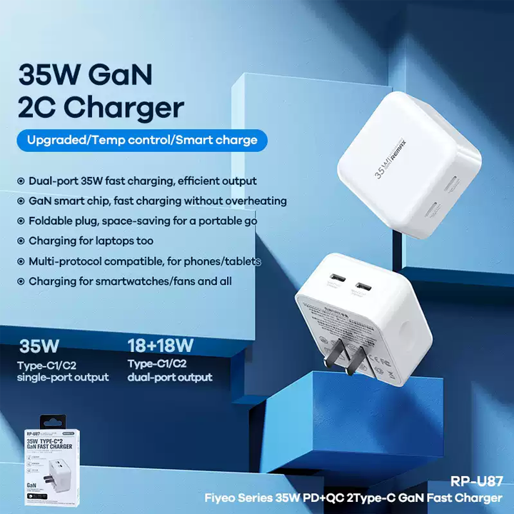 Cóc sạc nhanh 35w REMAX RP-U87 chính hãng 2 cổng Type-C (cho iPhone 11 - 14 Promax) GaN Fast Charger chân gập [BH 1 năm]