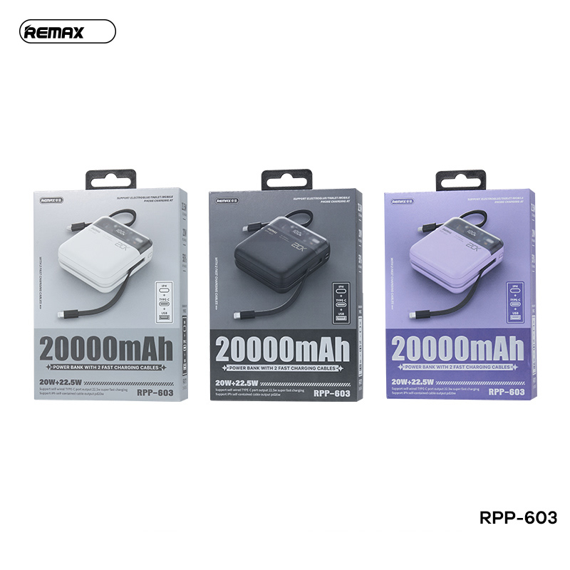 Pin sạc nhanh 22.5w Remax RPP-603 20.000mAh QC3.0 + PD (sạc dự phòng kèm cáp liền pin, thiết kế lộ mạch) chính hãng [BH 1 năm]