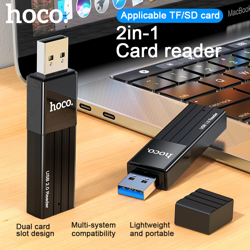 Đầu đọc thẻ nhớ 3.0 [VỸ MÀU XANH] 2 trong 1 HOCO HB20 chính hãng, hỗ trợ đọc thẻ SD và TF (Micro SD) [BH 1 NĂM]