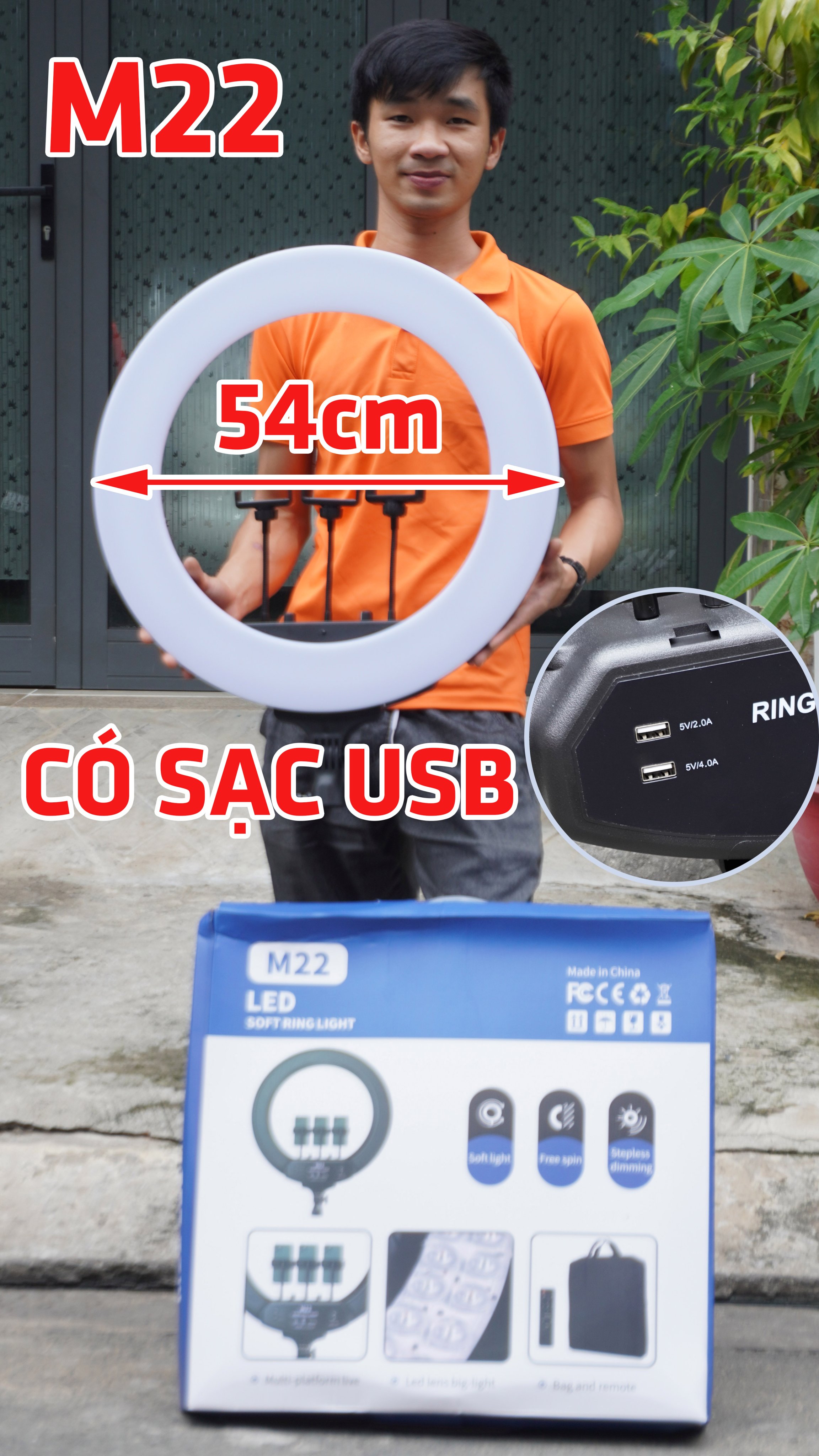 Đèn livestream 54cm M22 3 kẹp điện thoại, kèm remote, có túi đựng, chân cao 2m1 3 chế độ sáng Có cổng USB sạc điện thoại [BH 1 tháng]