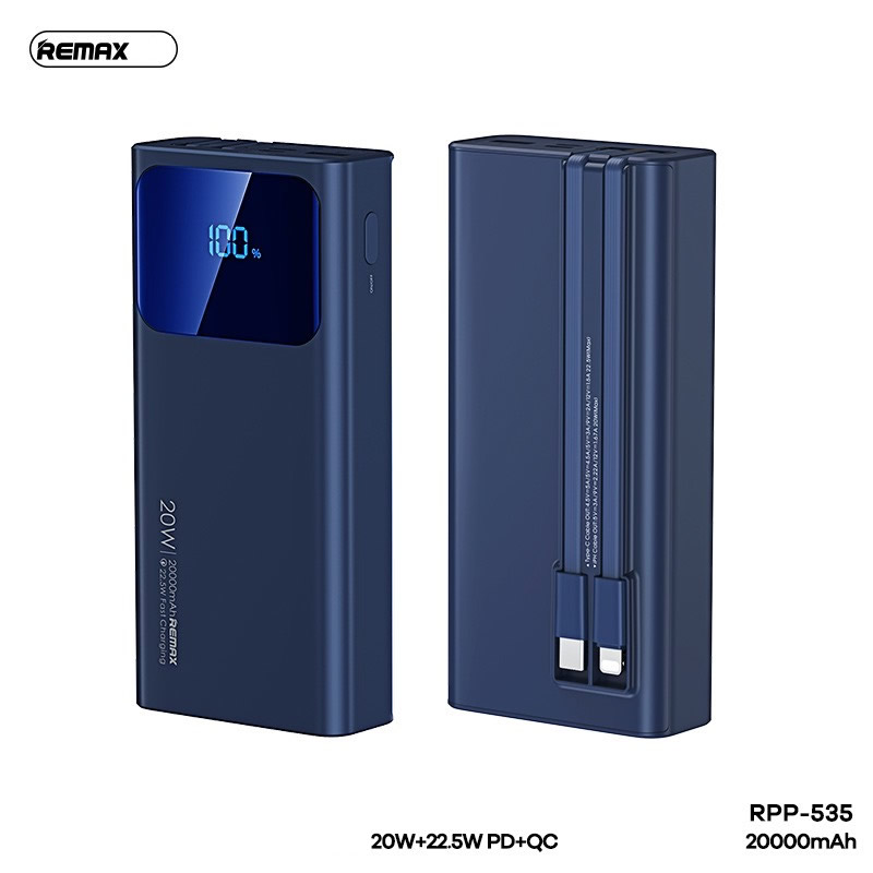 Pin sạc nhanh 22.5w REMAX RPP-535 20.000mAh PD QC3.0 dự phòng kèm cáp liền pin (có thể tháo rời được để ghim cổng type-c out) chính hãng [BH 1 năm]