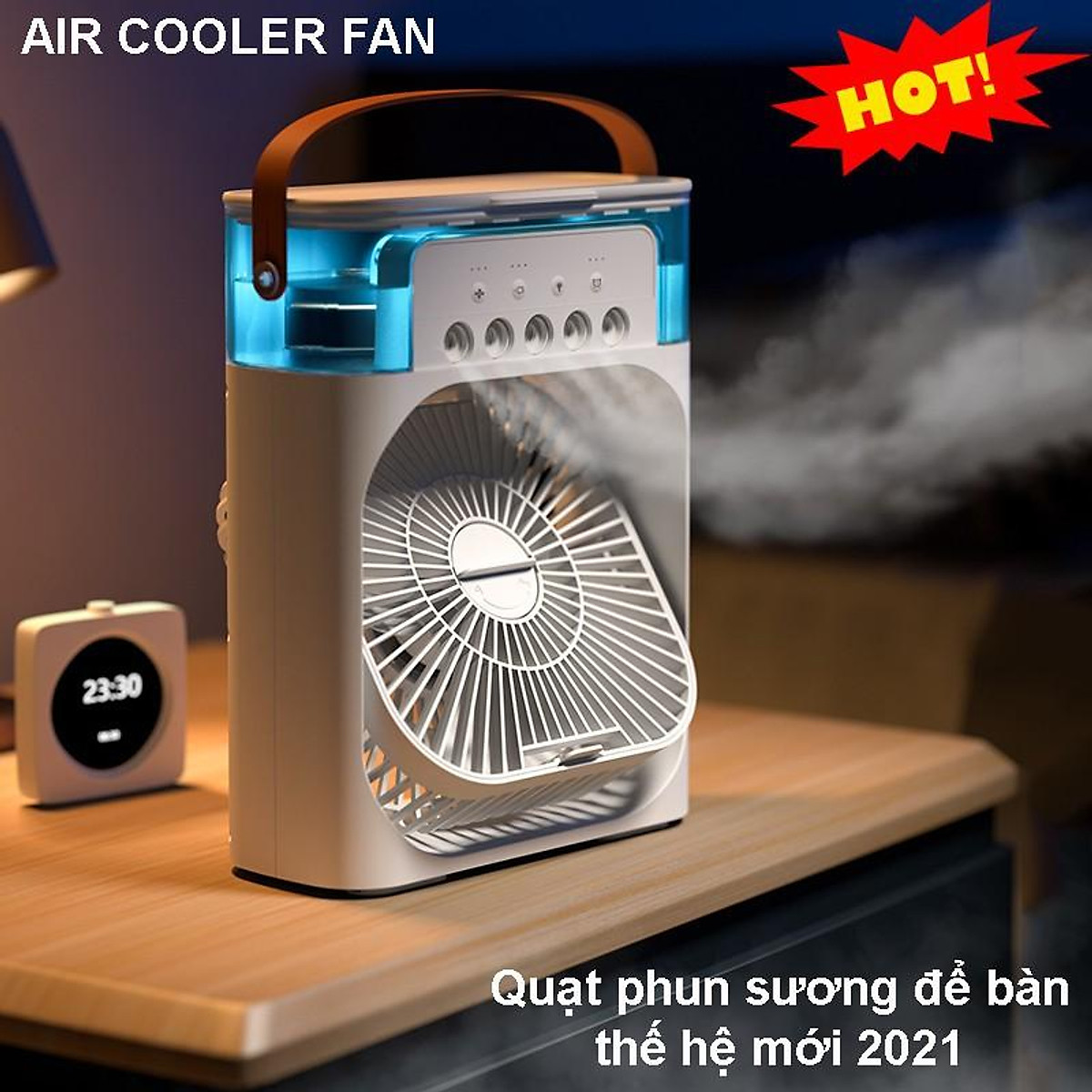 Quạt phun sương cỡ lớn 5 vòi có hẹn giờ vs đèn led 7 màu 3 cấp độ [BH 1 tuần]