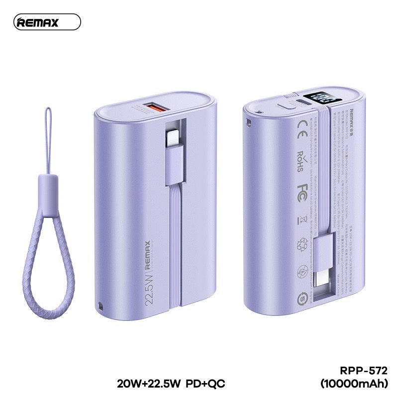 Pin sạc nhanh 22.5w REMAX RPP-572 10.000mAh dự phòng PD QC3.0 kèm cáp liền pin chính hãng [BH 1 năm]