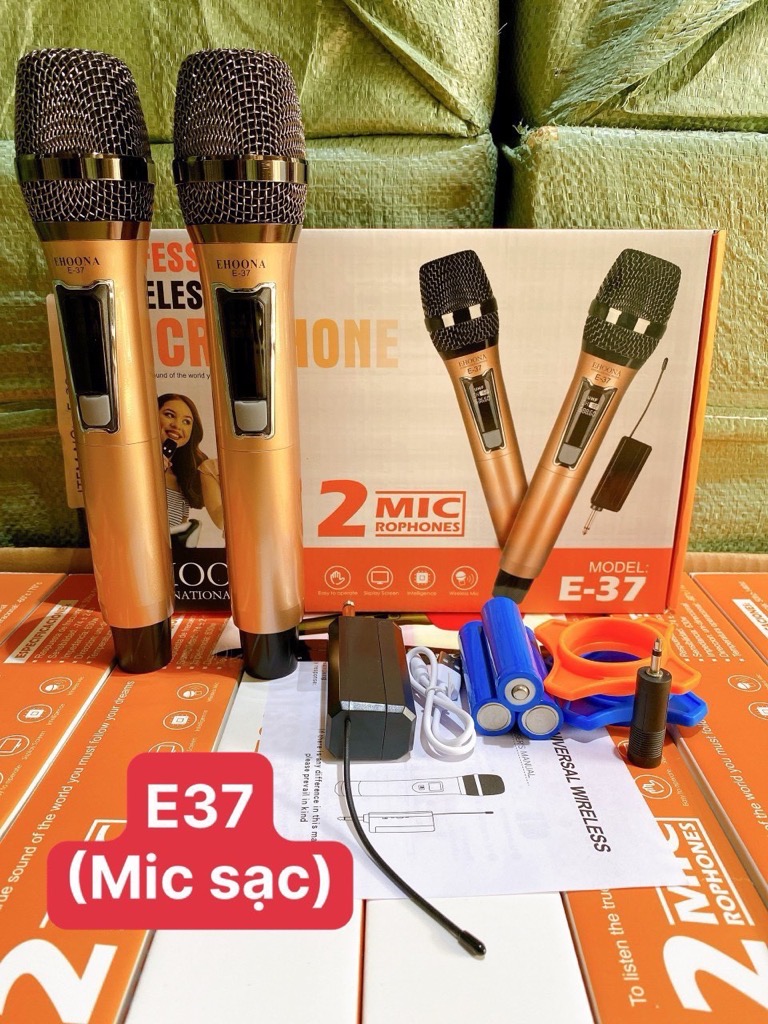 Micro đa năng E37 bộ 2 mic không dây (pin sạc) chính hãng [BH 6 THÁNG]
