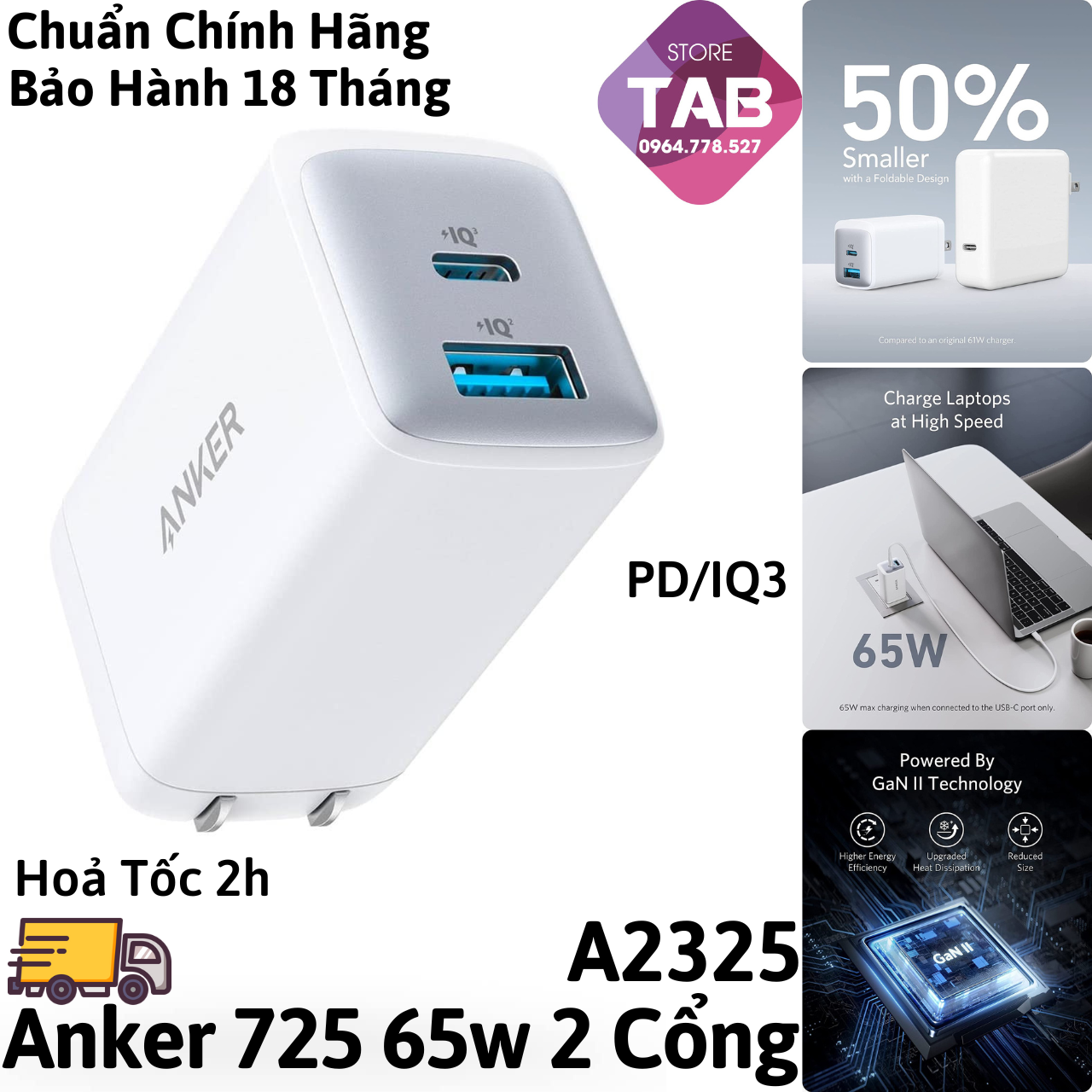 Cóc sạc nhanh 65w Anker A2325 (1 cổng type-c vs 1 cổng usb) chính hãng (trắng) [BH 1 năm]