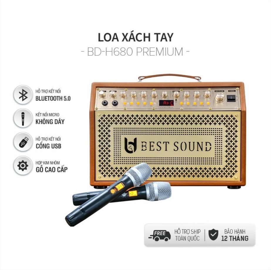 Loa bluetooth karaoke xách tay BD-H680 Premium 120w 2 micro không dây siêu hay 43 x 21 x 24.5cm [BH 1 năm]