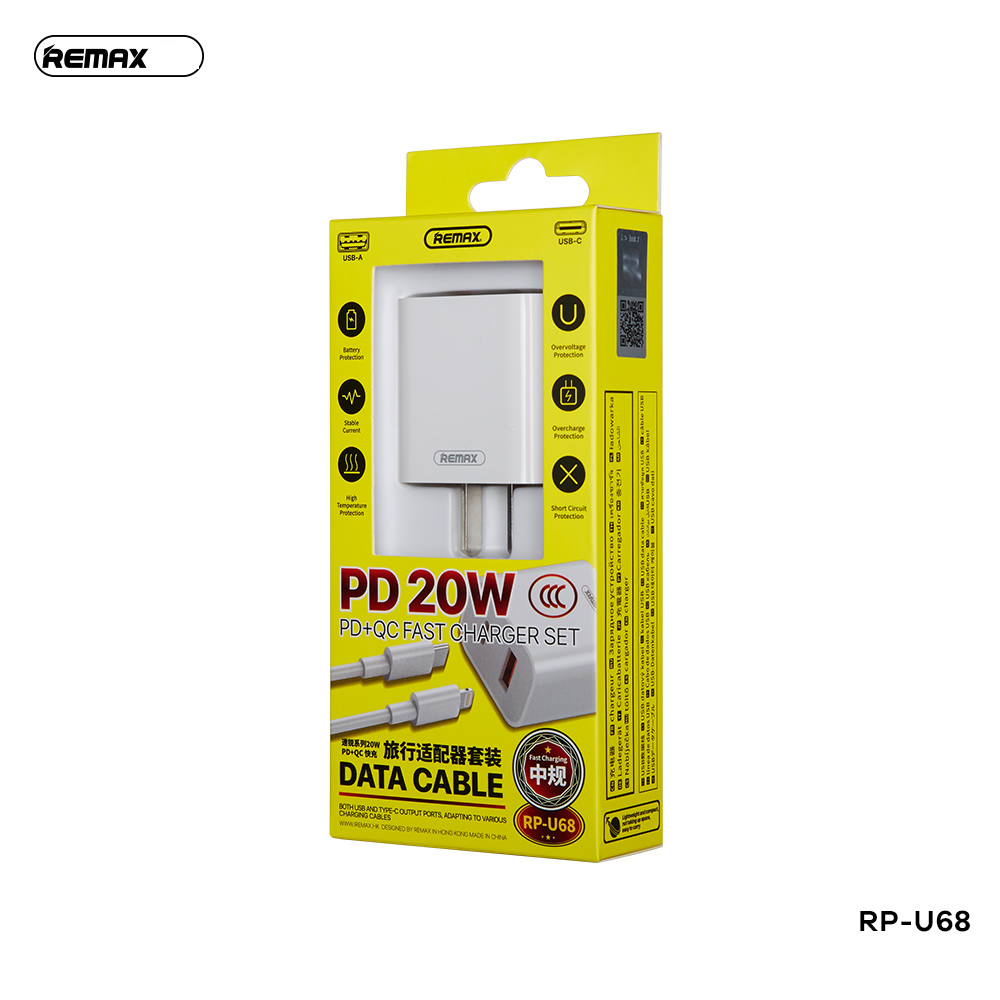 Bộ sạc nhanh 20w REMAX RP-U68 (c-l) (US) (cáp type c ra iphone lightning, cóc 1 cổng usb vs 1 cổng type-c) [BH 1 năm]