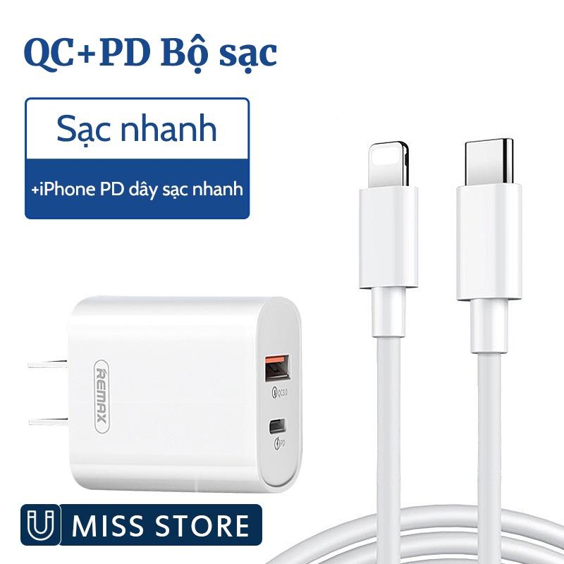 Bộ sạc nhanh 18W Remax RP-U37 kèm cáp Type C ra iPhone Lightning QC3.0+PD cho iPhone 11 12 13 chính hãng [BH 1 năm]