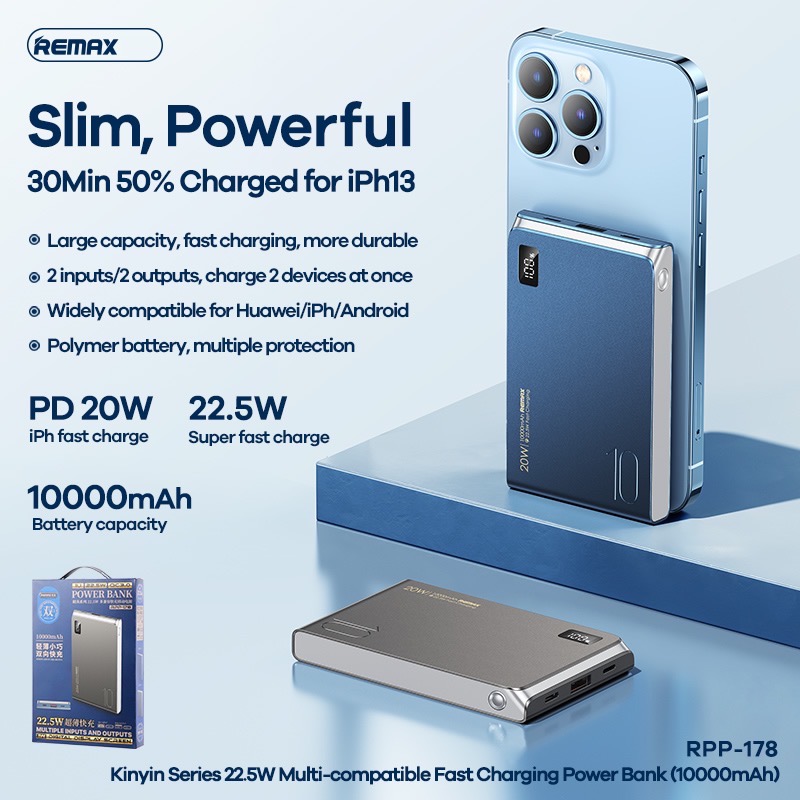 Pin sạc nhanh 22.5W REMAX RPP-178 10.000mAh siêu nhỏ gọn dự phòng PD QC3.0 chính hãng [BH 1 năm]