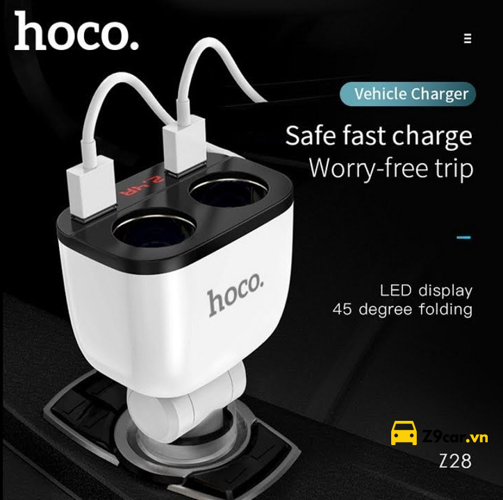 Cóc sạc nhanh xe hơi HOCO Z28 Power Ocean 2 cổng tẩu sạc, 2 cổng USB có đồng hồ chính hãng [BH 1 năm]