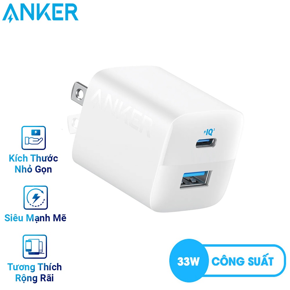 Cóc sạc nhanh 33w Anker A2331 series 3 (1 cổng type-c vs 1 cổng usb) chính hãng (đen, trắng) [BH 1 năm]