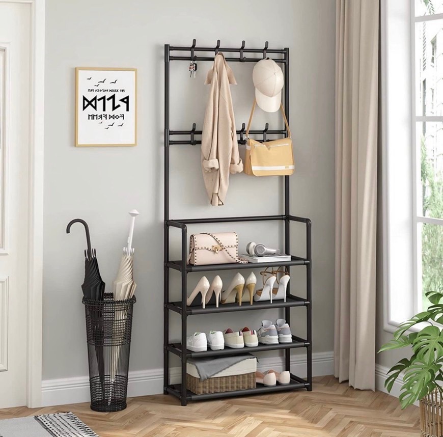 Kệ giày dép 4 tầng FLOOR COAT RACK kết hợp khung treo quần áo, túi xác, móc chìa khoá đa năng