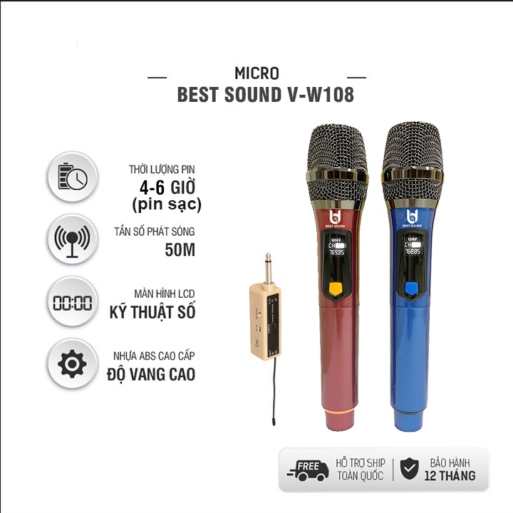 Micro đa năng bộ 2 mic không dây Best Sound W108 cao cấp chống hú hát karaoke [BH 6 tháng]