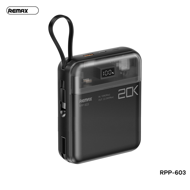 Pin sạc nhanh 22.5w Remax RPP-603 20.000mAh QC3.0 + PD (sạc dự phòng kèm cáp liền pin, thiết kế lộ mạch) chính hãng [BH 1 năm]