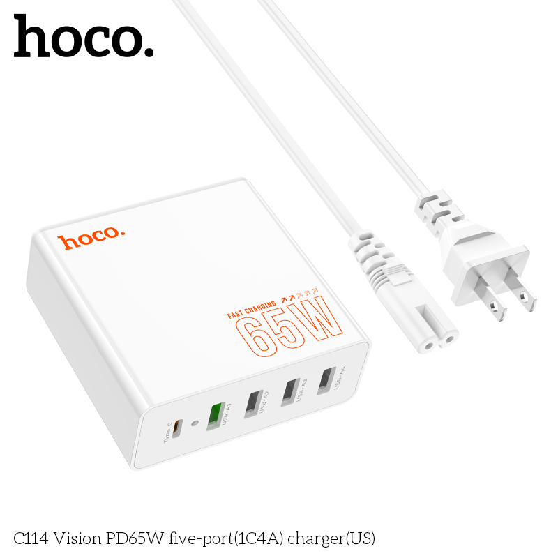 Cóc sạc nhanh 65w HOCO C114 (1 cổng type-c PD vs 4 cổng usb QC3.0) (4U + 1C) chính hãng [BH 1 năm]