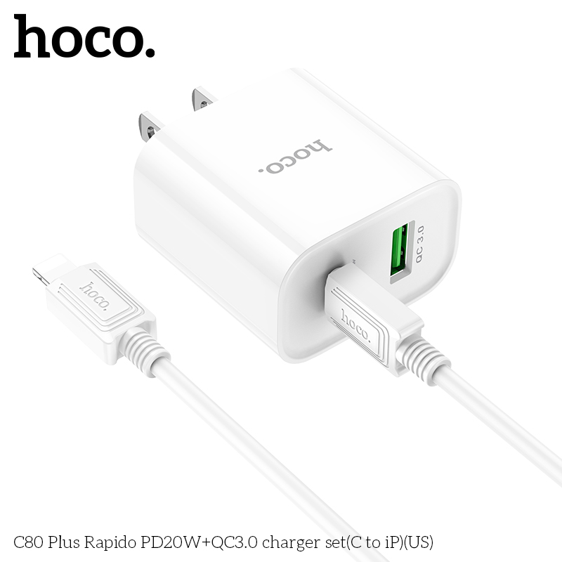 Bộ sạc nhanh 20w Hoco C80 Plus kèm cáp type c ra iphone lightning + cóc 1 cổng usb QC3.0 vs 1 cổng Type c PD cho iPhone 11 12 13 Pro Max chính hãng [BH 1 năm]