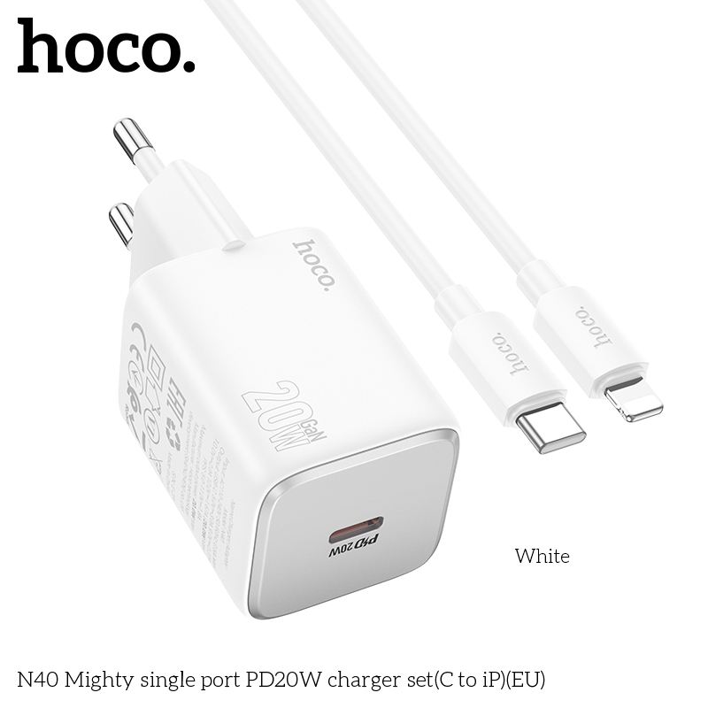 Bộ sạc nhanh 20w HOCO N40 EU (c-l) PD cáp Type C ra iPhone Lightning chính hãng (cóc 1 cổng type-c) [BH 1 NĂM]