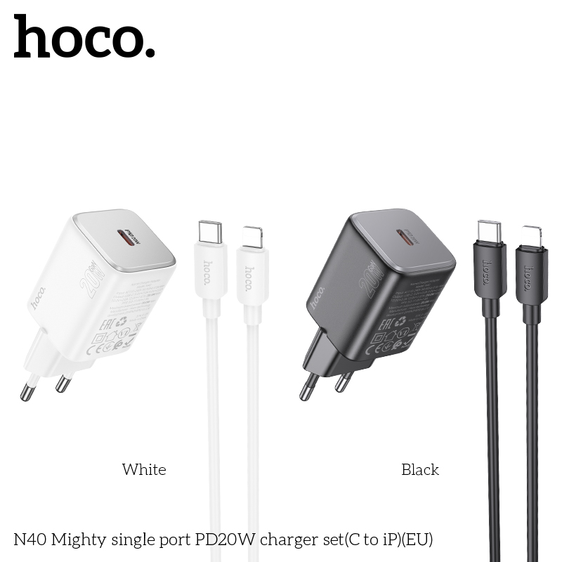 Bộ sạc nhanh 20w HOCO N40 EU (c-l) PD cáp Type C ra iPhone Lightning chính hãng (cóc 1 cổng type-c) [BH 1 NĂM]
