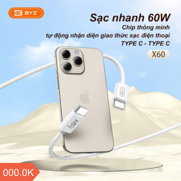 Cáp sạc nhanh 60w BYZ X60 (c-c 1m) 2 đầu type-c ra typec dây dù chính hãng (iPhone 15) [BH 6 tháng]