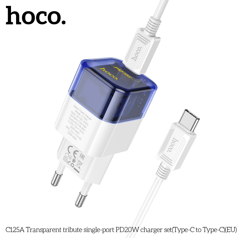Bộ sạc nhanh 20W Hoco C125A (c-c) (cáp 2 đầu type c ra type-c, cóc 1 cổng type-c) chính hãng [BH 1 năm]