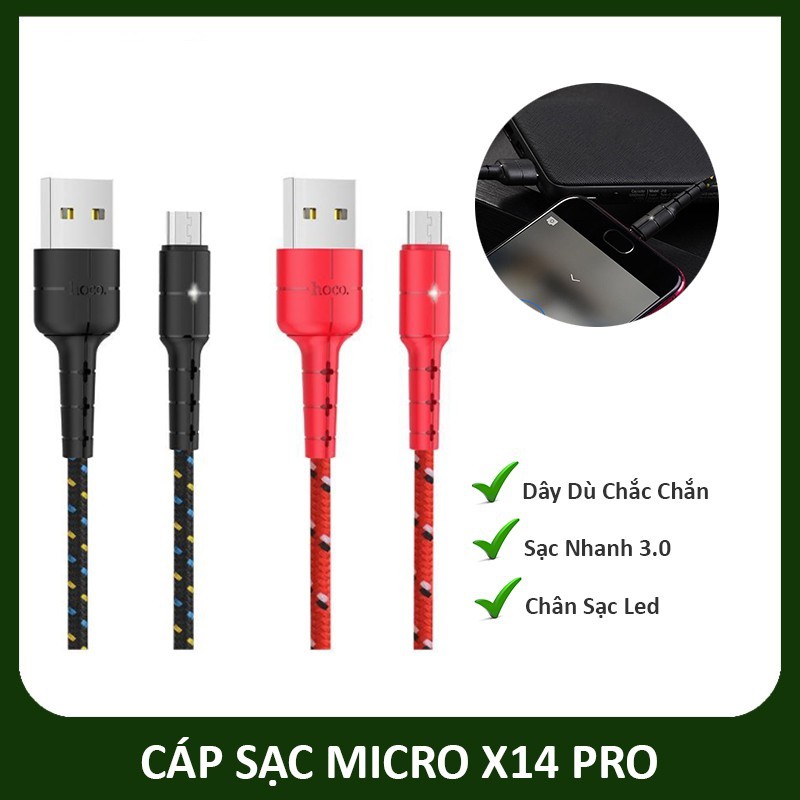 Cáp sạc nhanh 2M Samsung HOCO X14 PRO chui Micro có đèn led báo đầy tự ngắt chính hãng [BH 1 năm]