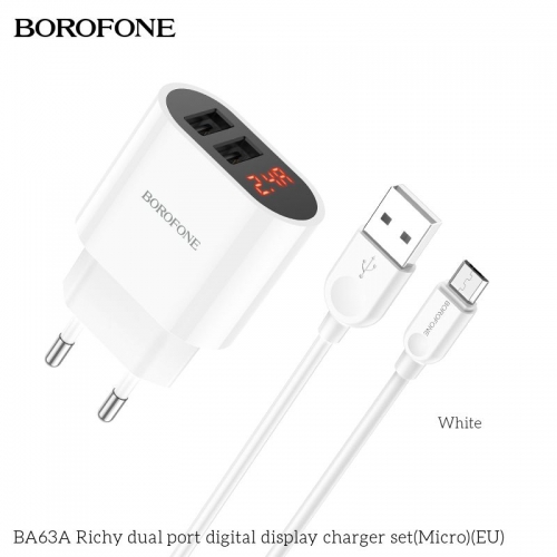 Bộ sạc nhanh 12w Borofone Ba63a (cáp usb ra iPhone Lightning, cóc 2 cổng usb) có led LCD chính hãng [BH 1 năm]