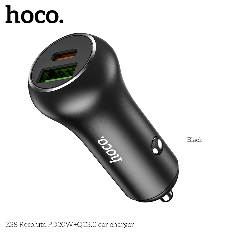 Cóc sạc nhanh 20w xe hơi HOCO Z38 (1 cổng Type-C PD vs 1 cổng usb QC3.0) tẩu ô tô chính hãng [BH 1 năm]