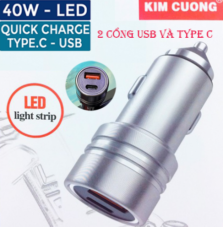 Cóc sạc nhanh xe hơi 40w ô tô Kim Cương PD31 (1 cổng USB vs 1 cổng Type C) chính hãng [BH 6 Tháng]