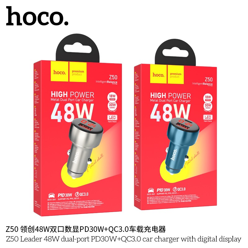 Cóc sạc nhanh xe hơi 48w HOCO Z50 (1 cổng usb, 1 cổng type-c) cho ô tô chính hãng [BH 1 NĂM]