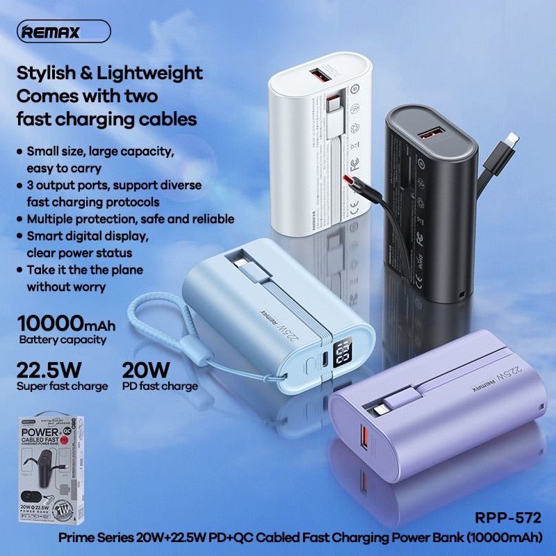 Pin sạc nhanh 22.5w REMAX RPP-572 10.000mAh dự phòng PD QC3.0 kèm cáp liền pin chính hãng [BH 1 năm]