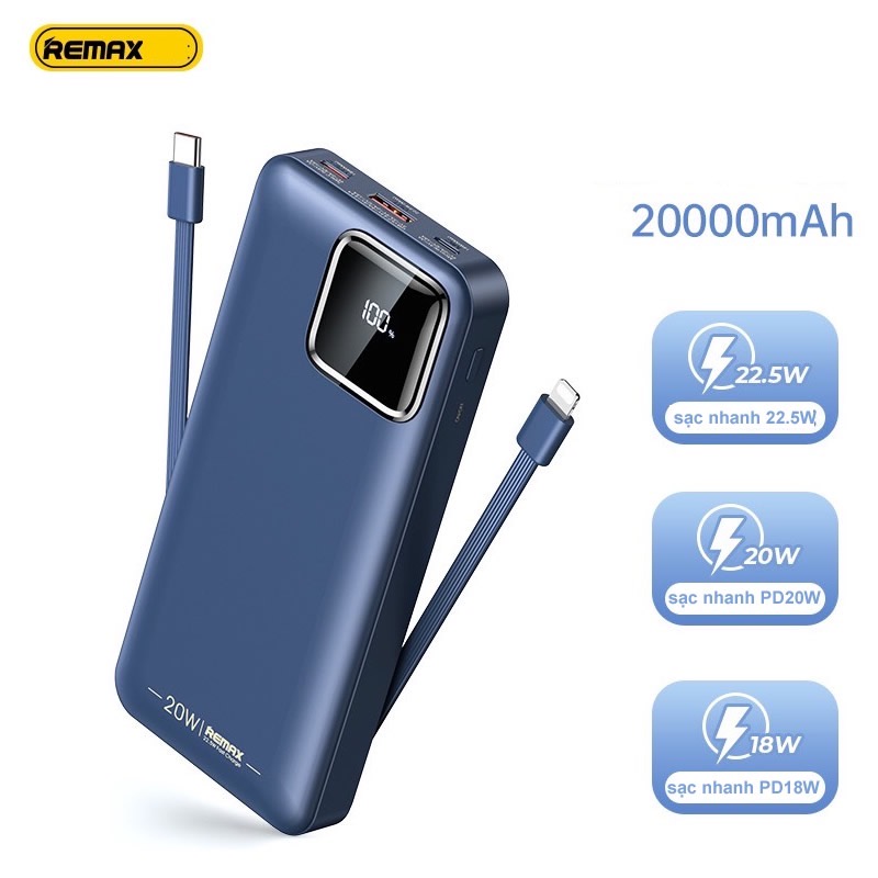 Pin sạc nhanh 22.5w REMAX RPP-513 20.000mAh dự phòng chính hãng kèm cáp liền pin [BH 1 năm]